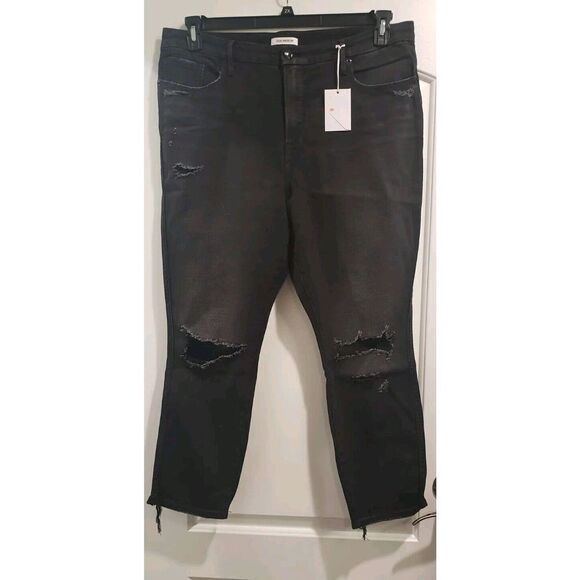 GOOD AMERICAN Good Curve Skinny Cropped Jeans Black, Back Chewed Hem Size 18 NWT - Picture 2 of 6
